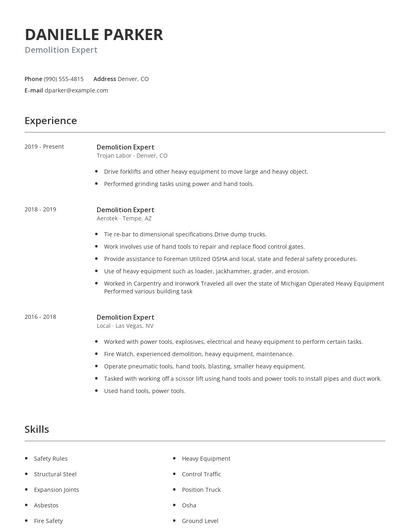 Demolition Expert Resume