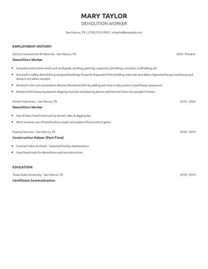 Demolition Worker Resume