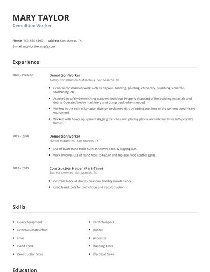 Demolition Worker Resume