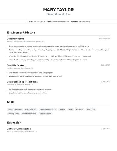 Demolition Worker Resume