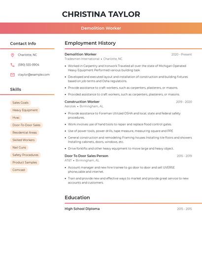 Demolition Worker Resume