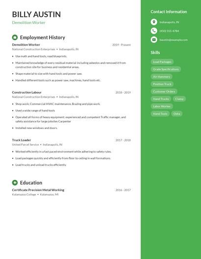 Demolition Worker Resume