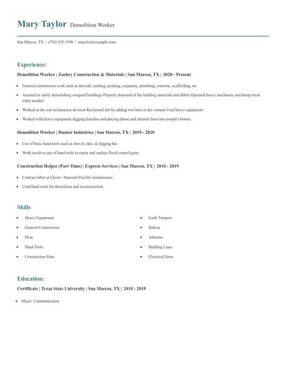 Demolition Worker Resume