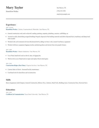 Demolition Worker Resume