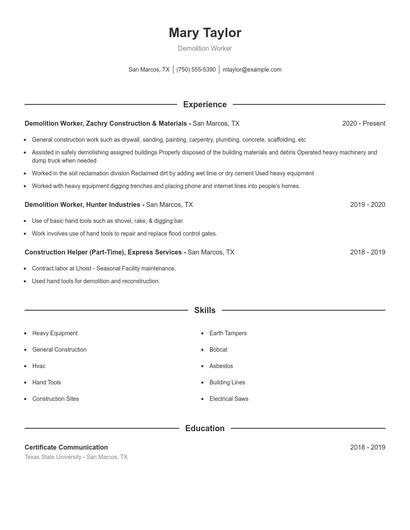 Demolition Worker Resume