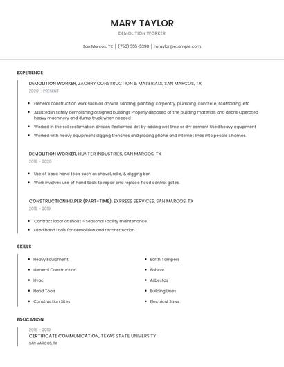 Demolition Worker Resume
