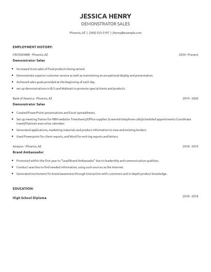 Demonstrator Sales Resume