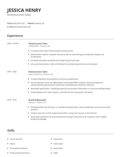 Demonstrator Sales Resume