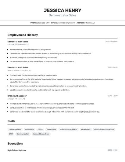 Demonstrator Sales Resume
