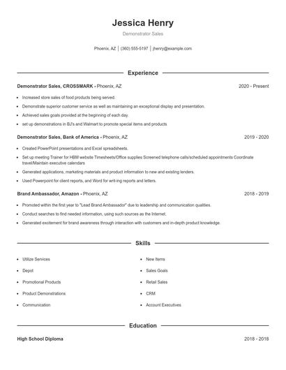 Demonstrator Sales Resume