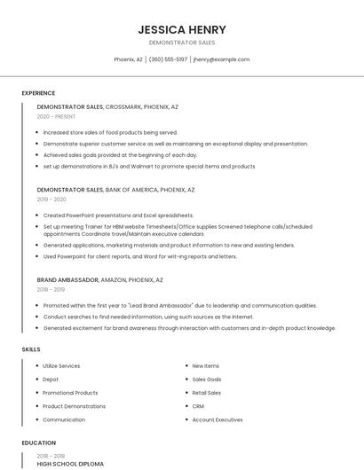 Demonstrator Sales Resume