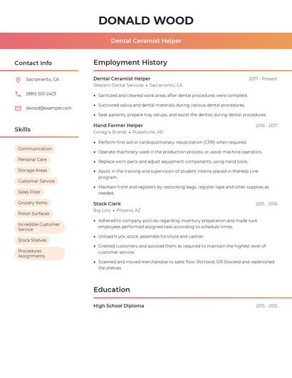 Dental Ceramist Helper Resume