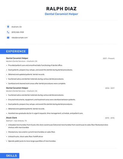 Dental Ceramist Helper Resume