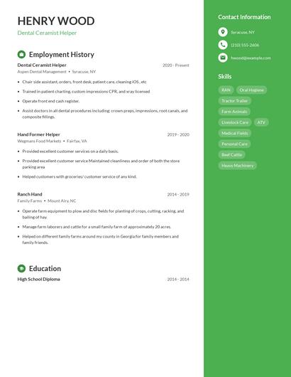 Dental Ceramist Helper Resume