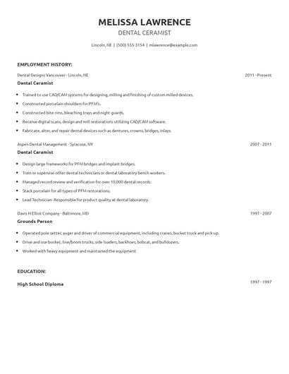 Dental Ceramist Resume