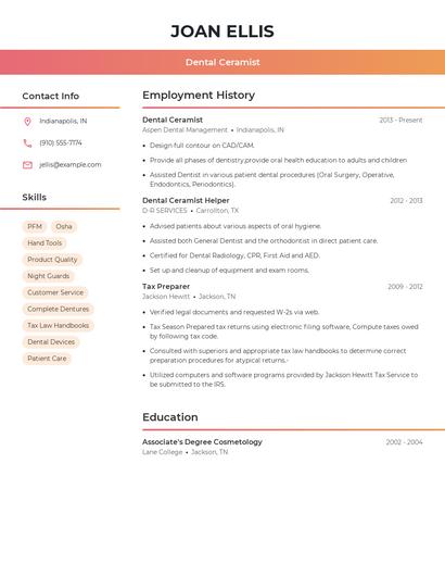 Dental Ceramist Resume