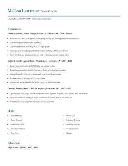 Dental Ceramist Resume