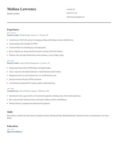Dental Ceramist Resume