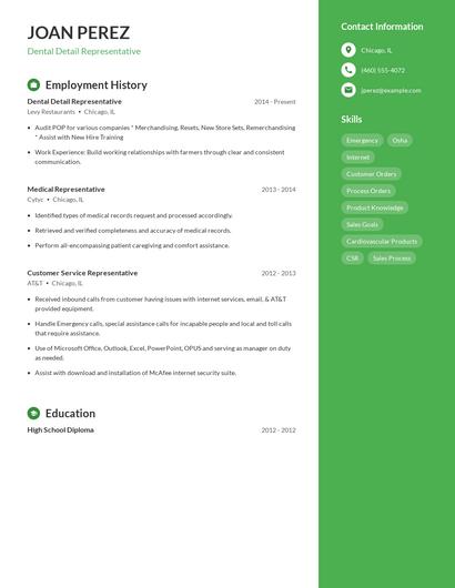 Dental Detail Representative Resume