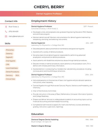 Dental Hygiene Professor Resume