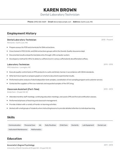 Dental Laboratory Technician Resume