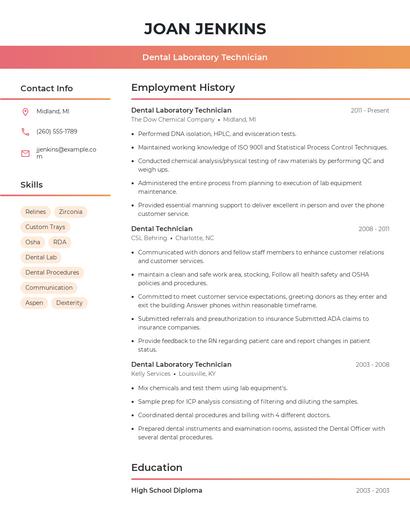 Dental Laboratory Technician Resume