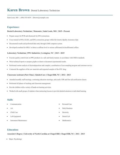 Dental Laboratory Technician Resume