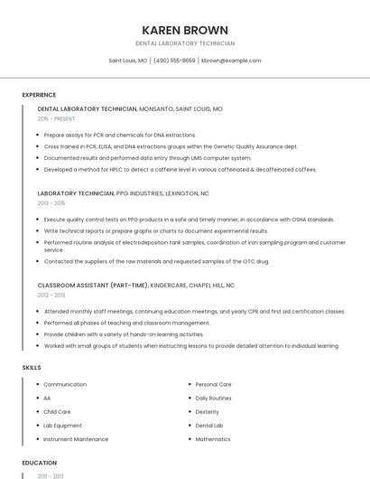 Dental Laboratory Technician Resume
