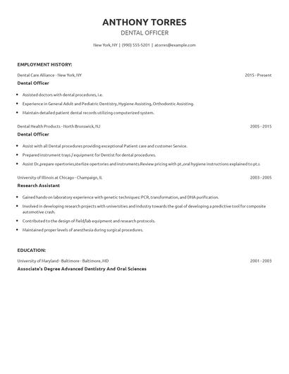 Dental Officer Resume