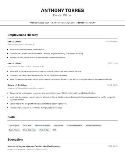 Dental Officer Resume