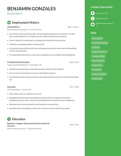Dental Officer Resume