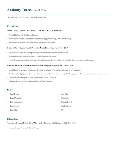 Dental Officer Resume