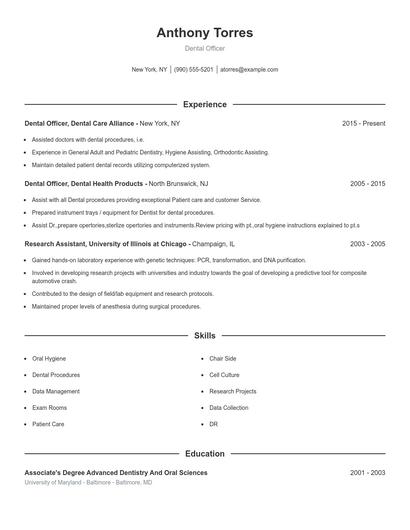 Dental Officer Resume