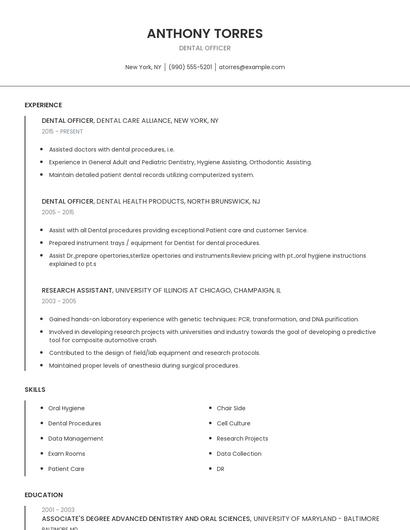 Dental Officer Resume