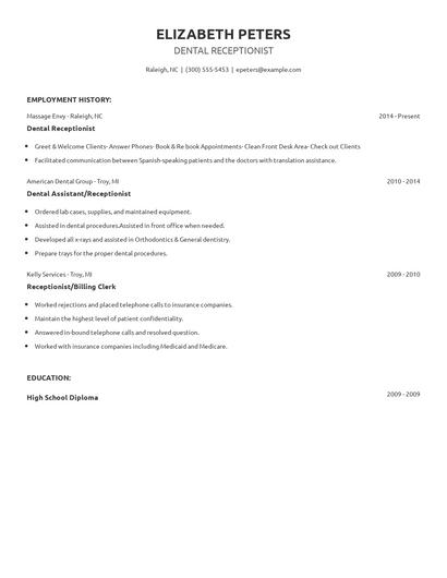 Dental Receptionist Resume