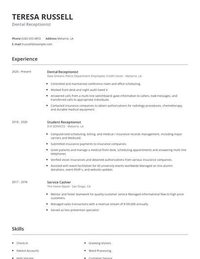 Dental Receptionist Resume