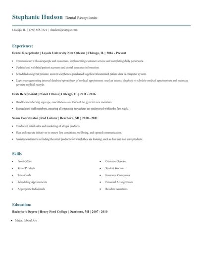 Dental Receptionist Resume