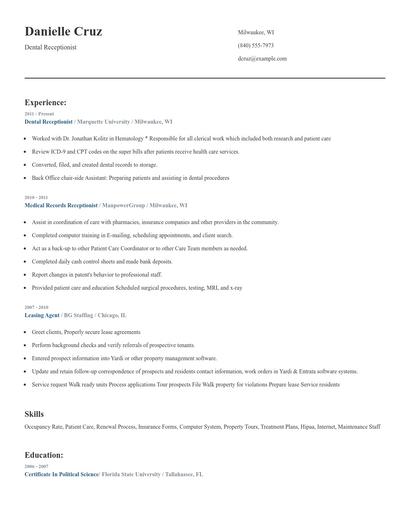 Dental Receptionist Resume
