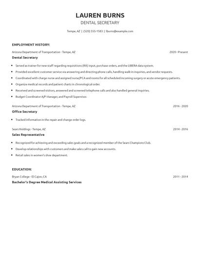 Dental Secretary Resume