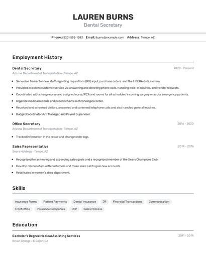 Dental Secretary Resume