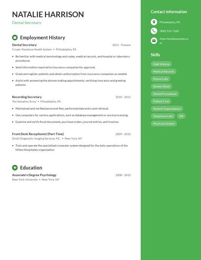 Dental Secretary Resume