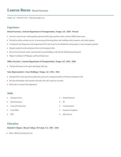Dental Secretary Resume