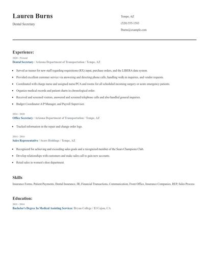 Dental Secretary Resume