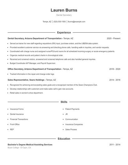 Dental Secretary Resume