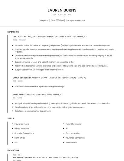 Dental Secretary Resume