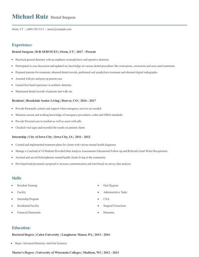 Dental Surgeon Resume