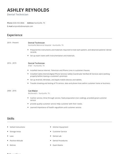 Dental Technician Resume
