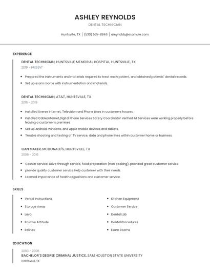 Dental Technician Resume