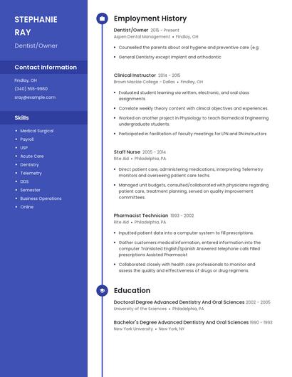 Dentist/Owner Resume