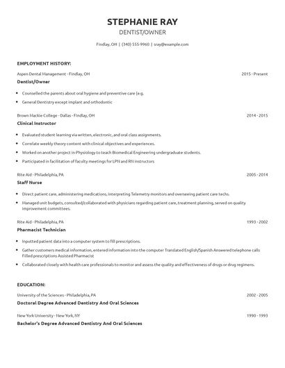 Dentist/Owner Resume